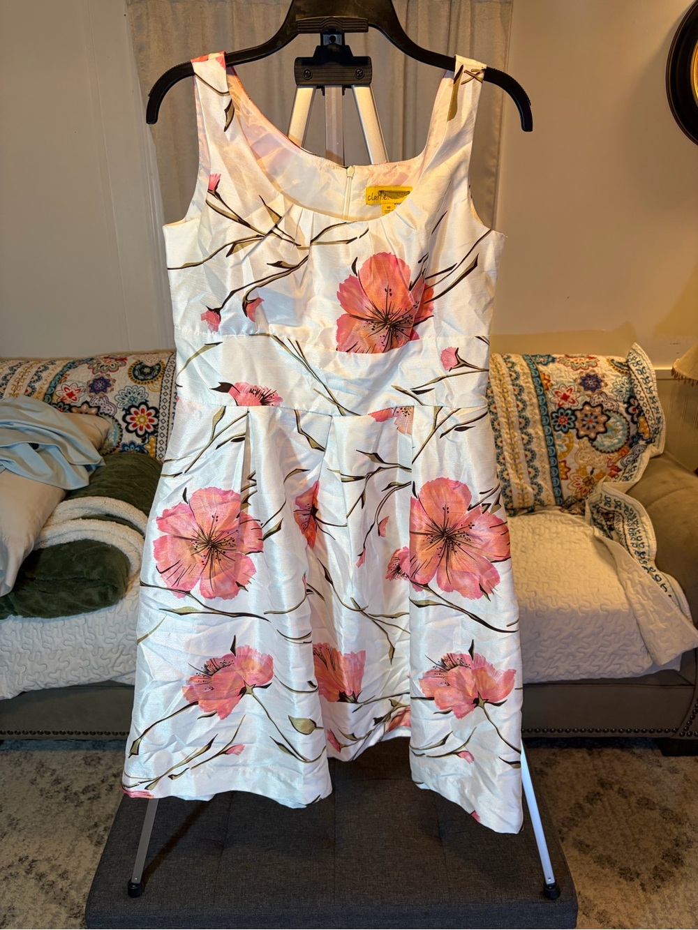 Sleeveless White Midi Dress with Pink Floral Print